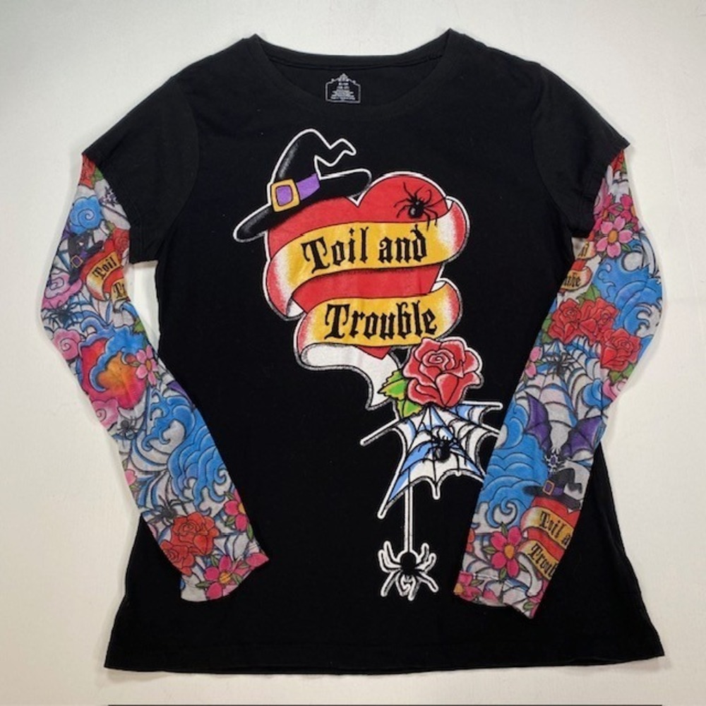 Toil and Trouble Tattoo Mesh Layered Sleeve Graphic Tee Black XL 15-17 Gothic